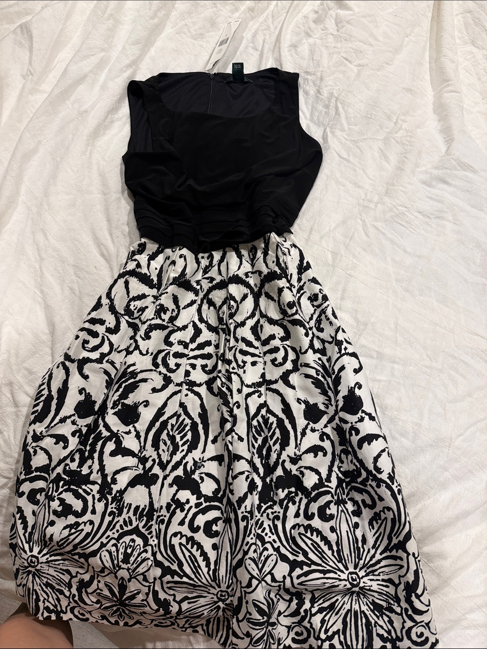 Lauren Ralph Lauren Black Bodice with Black & White Printed Skirt Panel
